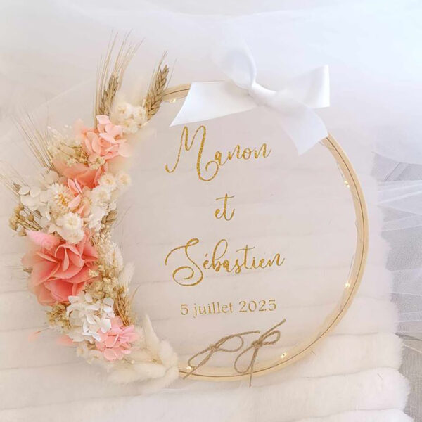 porte alliance personnalisé en fleurs séchées pour cérémonie mariage champêtre avec épi de blé