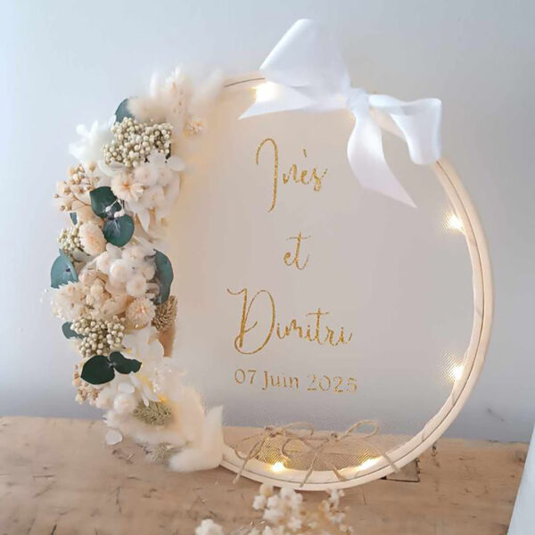 porte alliance personnalisé en fleurs séchées pour cérémonie mariage de couleur eucalyptus et blanc