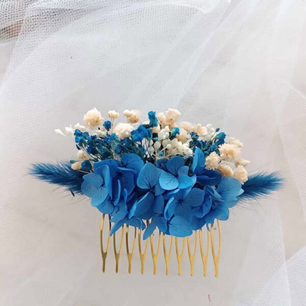 peigne cheveux en fleurs séchées bleu foncé pour coiffure femme mariage