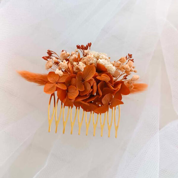 peigne cheveux en fleurs séchées terracotta pour coiffure femme mariage