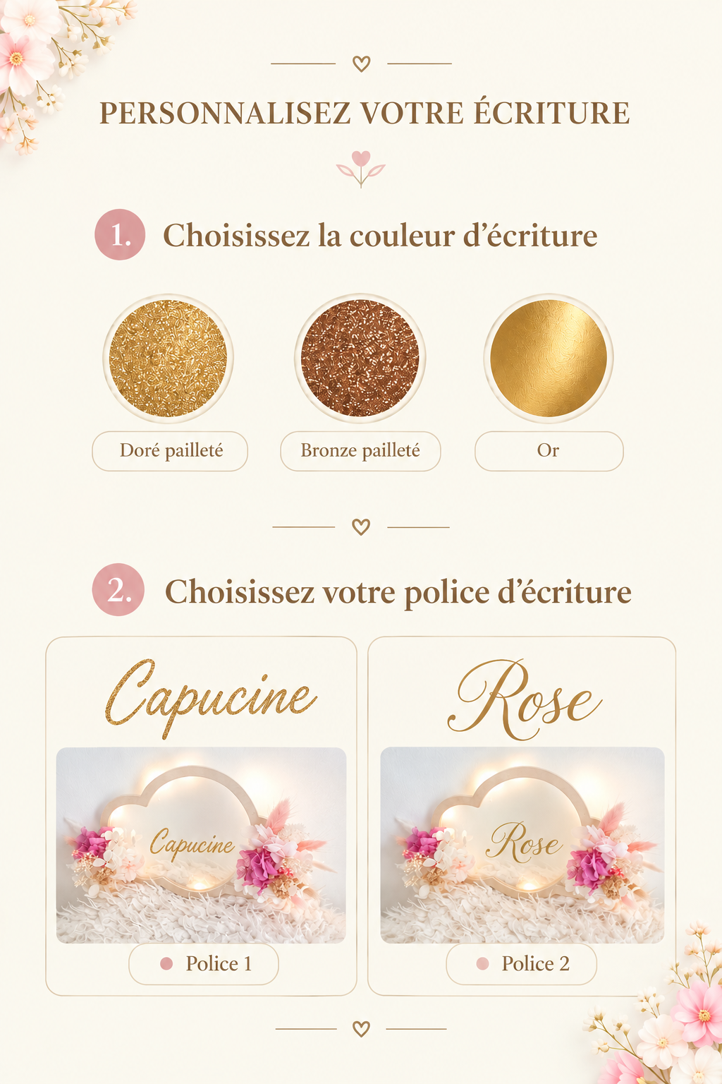Décoration chambre bébé personnalisée – Nuage en bois avec prénom personnalisé en fleurs séchées – Idée cadeau naissance ou baptême noël – Image 2