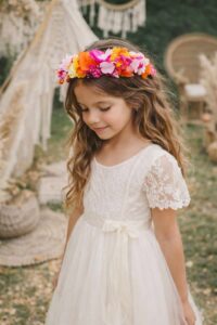 petite fille qui assiste à son bapteme avec sa couronne en fleur séchées